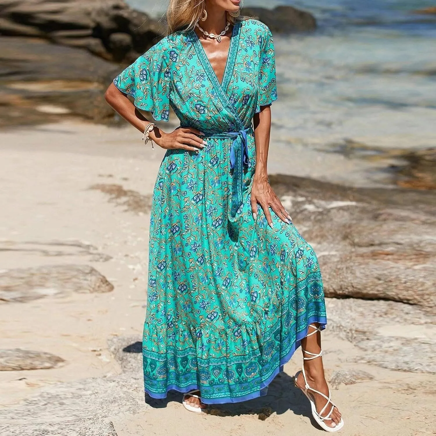 Womens Boho Dress Spring Short Sleeve Elegant Tie Waist Sundress V-Neck Trendy Beach Belted Long Dresses