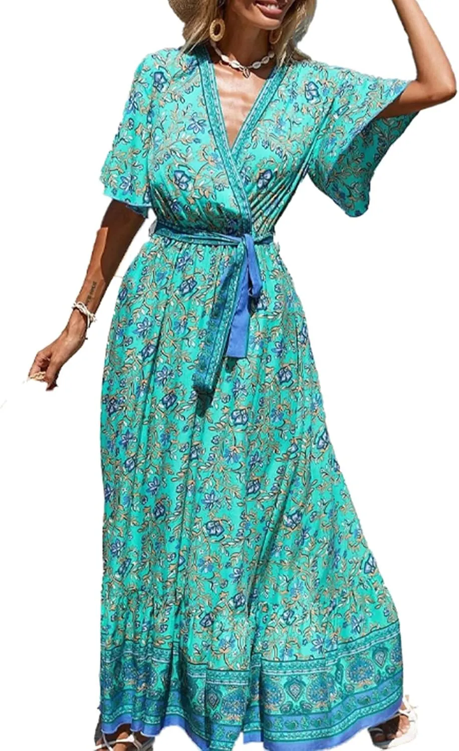 Womens Boho Dress Spring Short Sleeve Elegant Tie Waist Sundress V-Neck Trendy Beach Belted Long Dresses