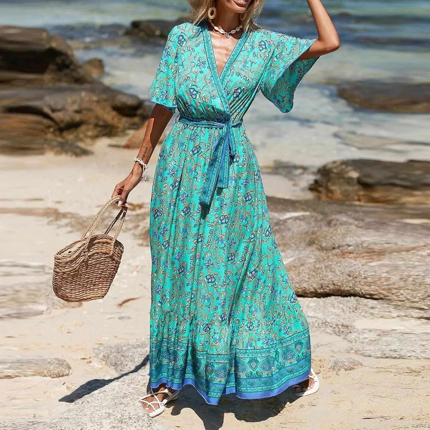 Womens Boho Dress Spring Short Sleeve Elegant Tie Waist Sundress V-Neck Trendy Beach Belted Long Dresses