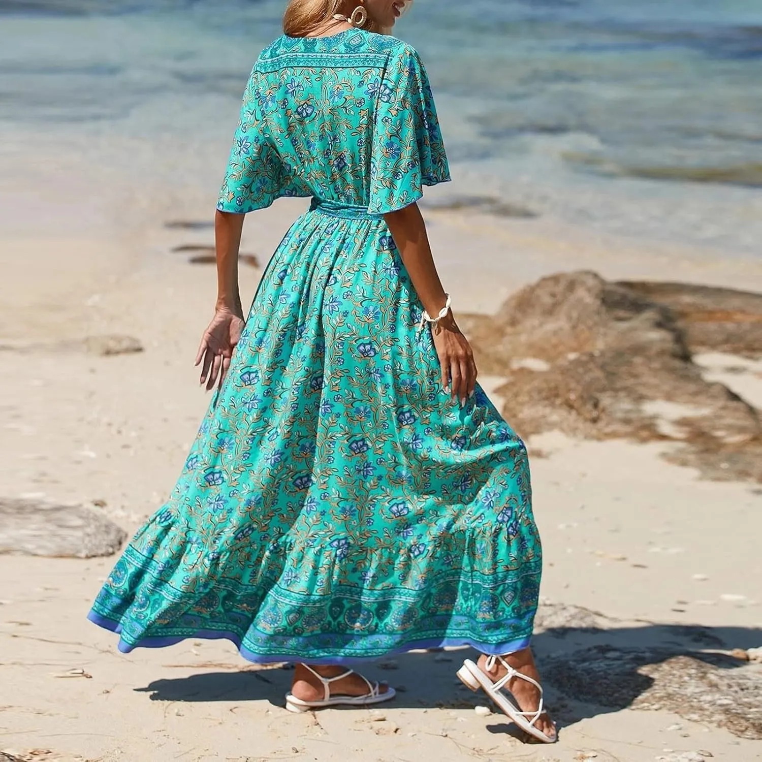 Womens Boho Dress Spring Short Sleeve Elegant Tie Waist Sundress V-Neck Trendy Beach Belted Long Dresses