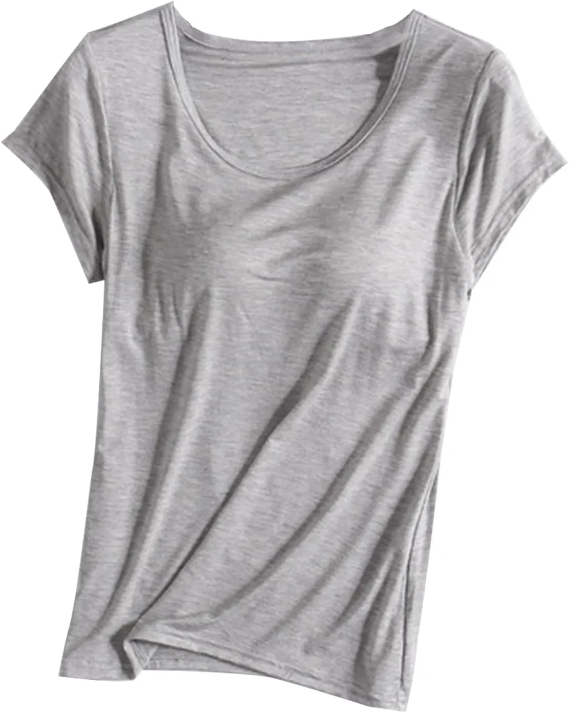 Womens Built-in Bra T-Shirt Padded Active Yoga Tops Short Sleeves Plain Blouses Soft Pajama Casual Workout Shirts