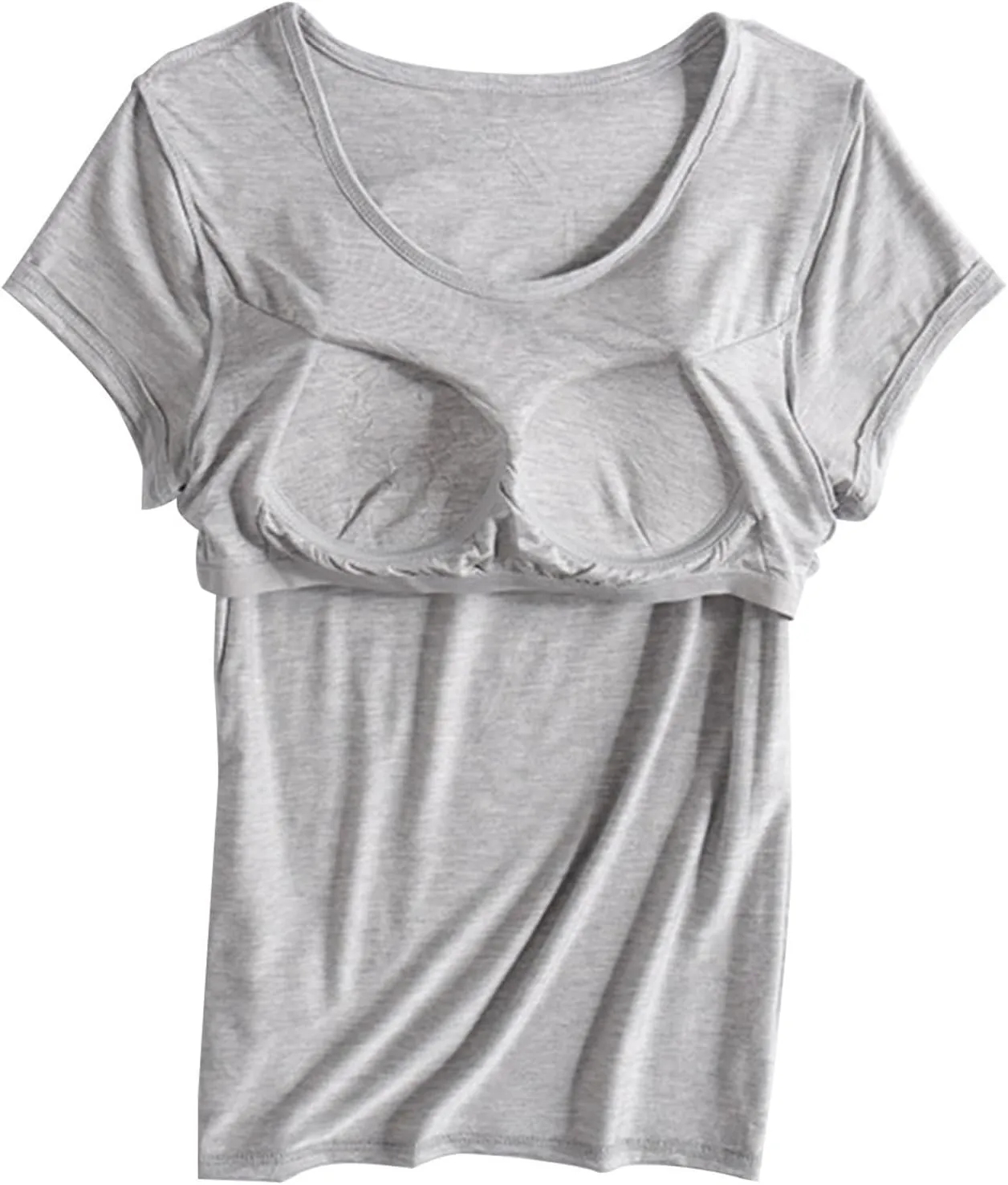 Womens Built-in Bra T-Shirt Padded Active Yoga Tops Short Sleeves Plain Blouses Soft Pajama Casual Workout Shirts