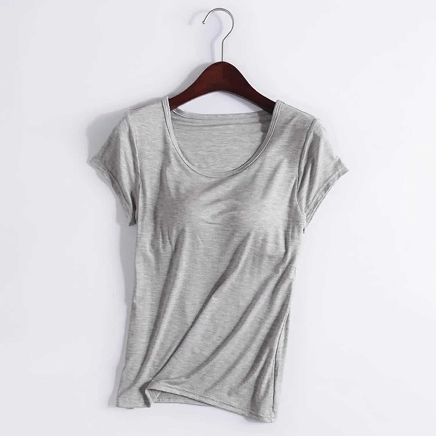 Womens Built-in Bra T-Shirt Padded Active Yoga Tops Short Sleeves Plain Blouses Soft Pajama Casual Workout Shirts
