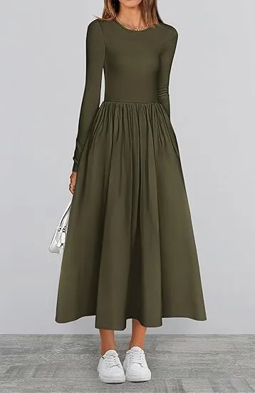 Women's Casual Fashion Waist Long Sleeve Bohemian Dress Flowy Beach Midi Dresses Party Wedding Guest Flowy Dress
