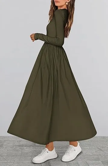Women's Casual Fashion Waist Long Sleeve Bohemian Dress Flowy Beach Midi Dresses Party Wedding Guest Flowy Dress