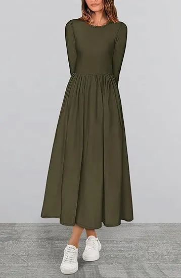 Women's Casual Fashion Waist Long Sleeve Bohemian Dress Flowy Beach Midi Dresses Party Wedding Guest Flowy Dress