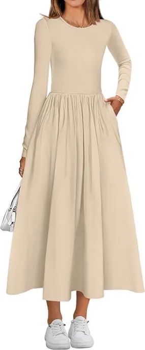 Women's Casual Fashion Waist Long Sleeve Bohemian Dress Flowy Beach Midi Dresses Party Wedding Guest Flowy Dress