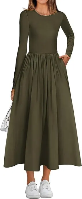 Women's Casual Fashion Waist Long Sleeve Bohemian Dress Flowy Beach Midi Dresses Party Wedding Guest Flowy Dress