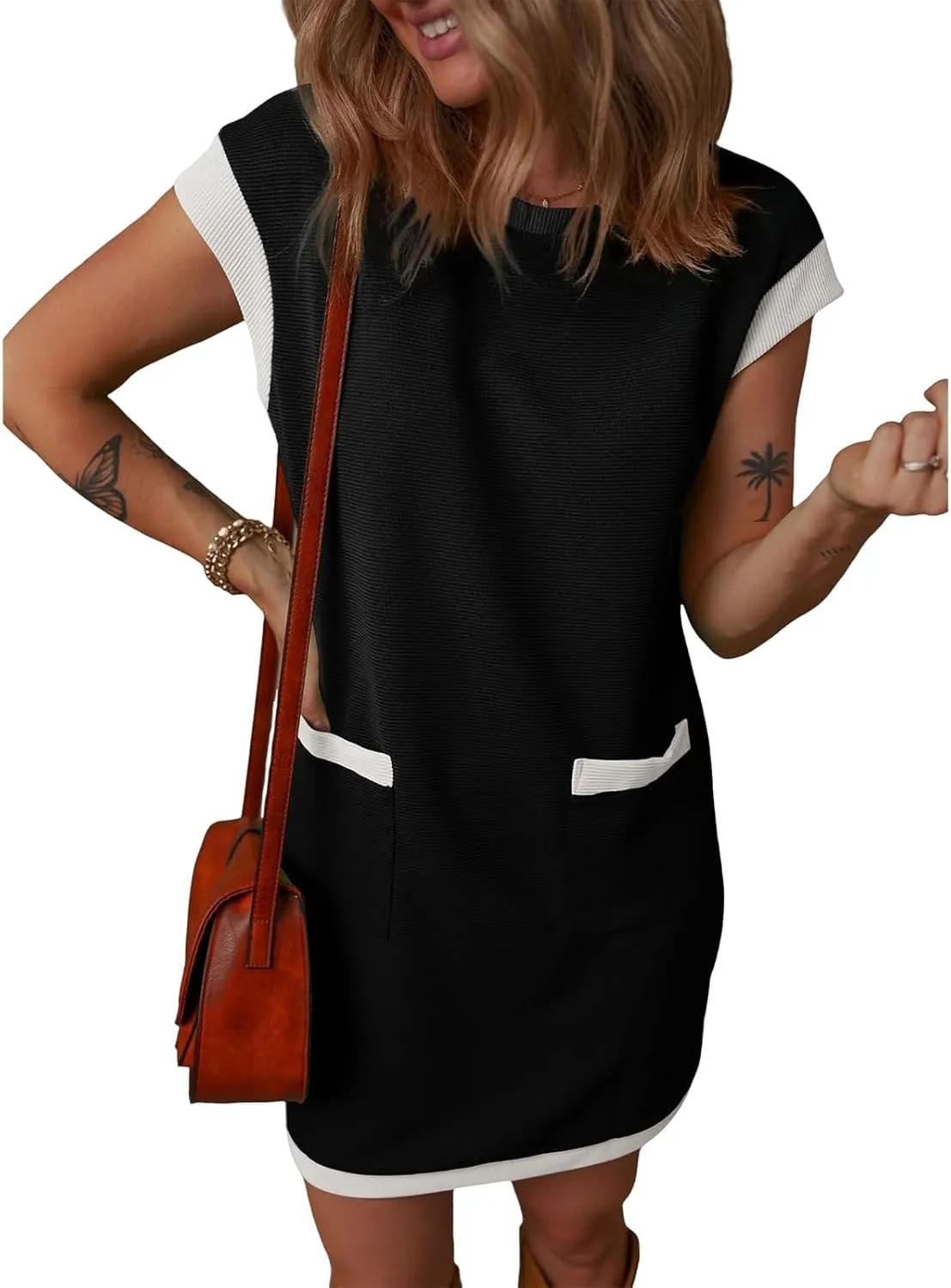Women's Casual Summer Dress Contrast Color Elegant Short Sleeve Knit Crewneck Mini Dress with Pocket