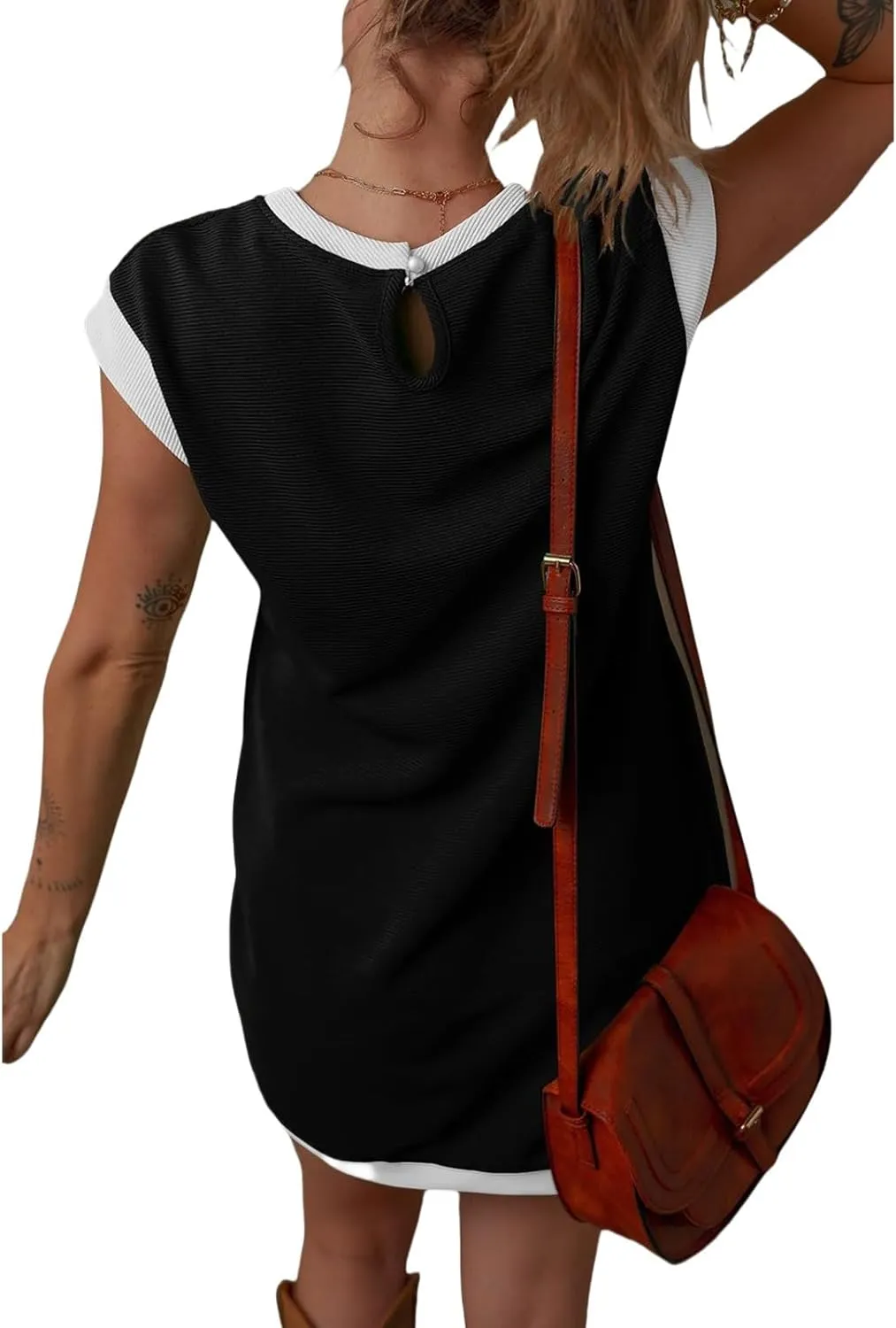Women's Casual Summer Dress Contrast Color Elegant Short Sleeve Knit Crewneck Mini Dress with Pocket