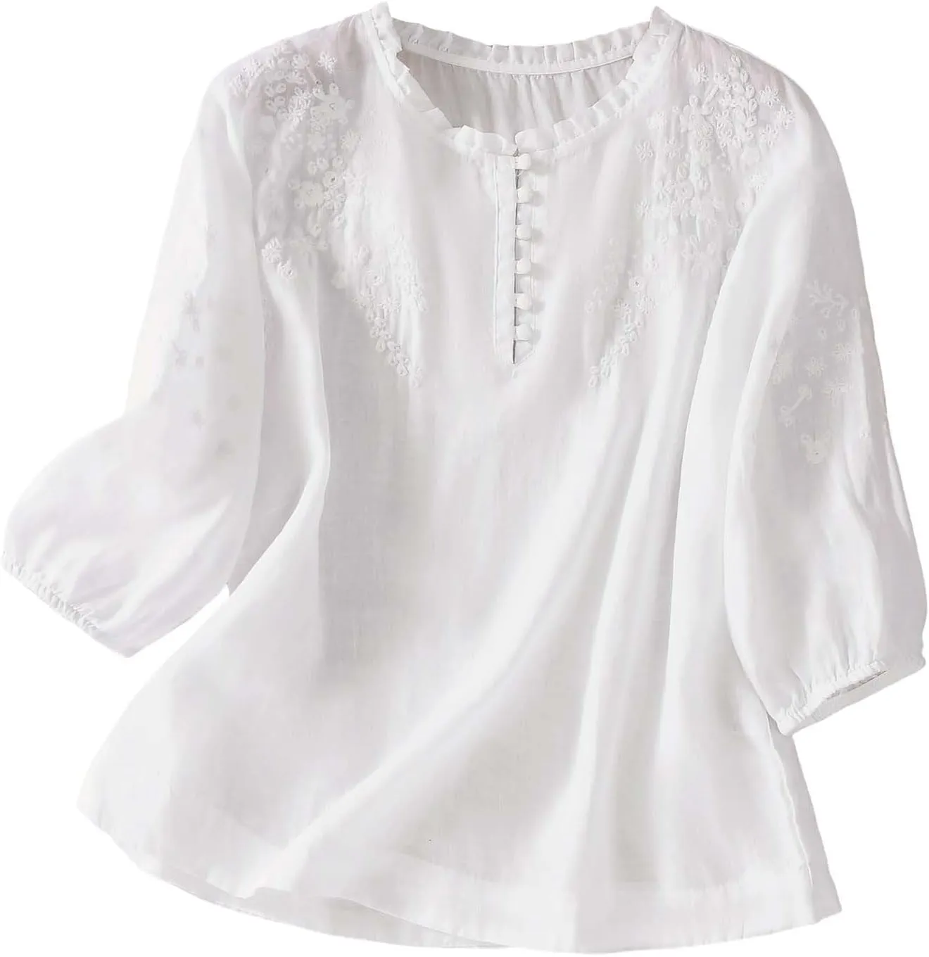 Women's Cotton Linen Floral Tops Vintage Embroidery 3/4 Sleeve Shirt Summer Lightweight Breathable Holiday Blouses