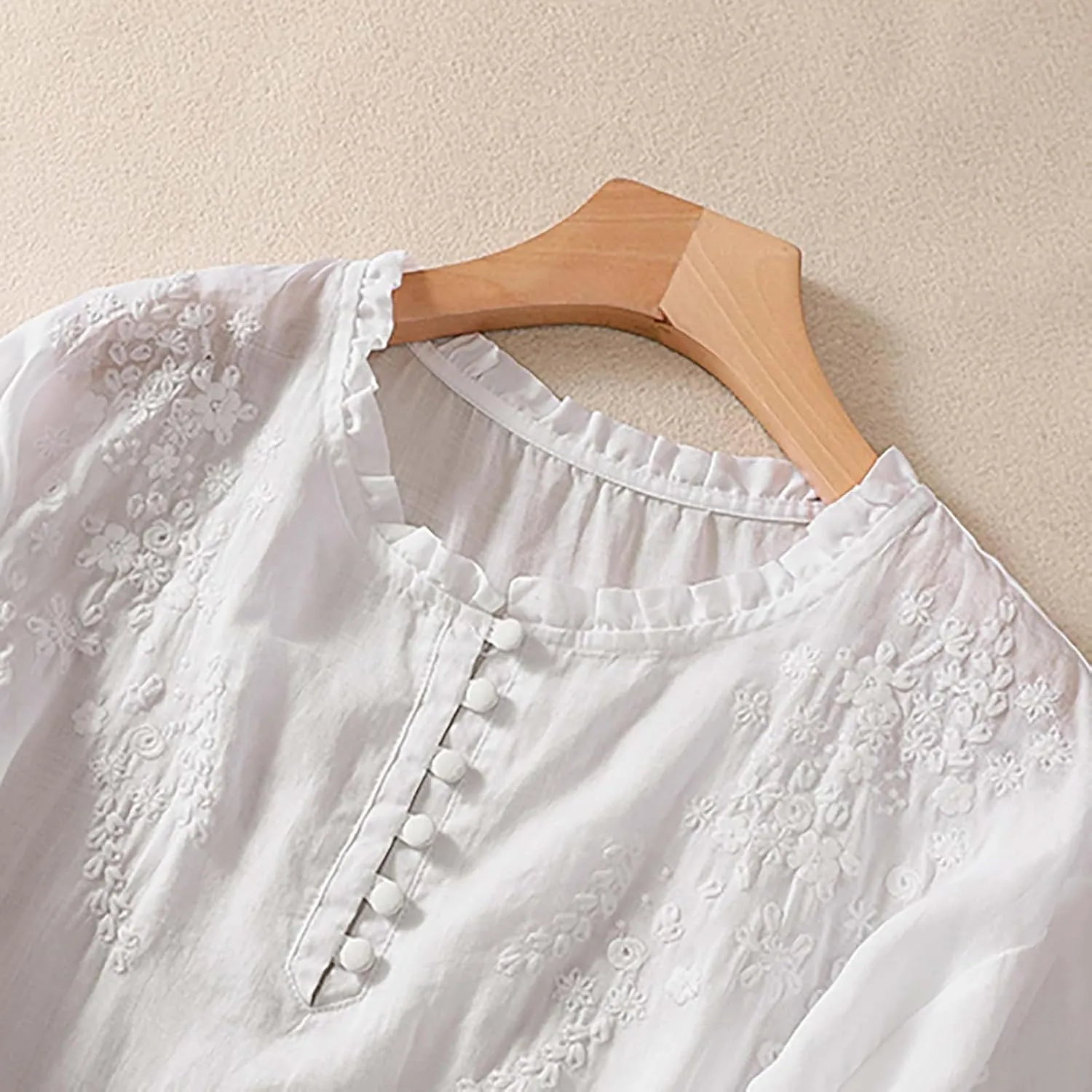 Women's Cotton Linen Floral Tops Vintage Embroidery 3/4 Sleeve Shirt Summer Lightweight Breathable Holiday Blouses