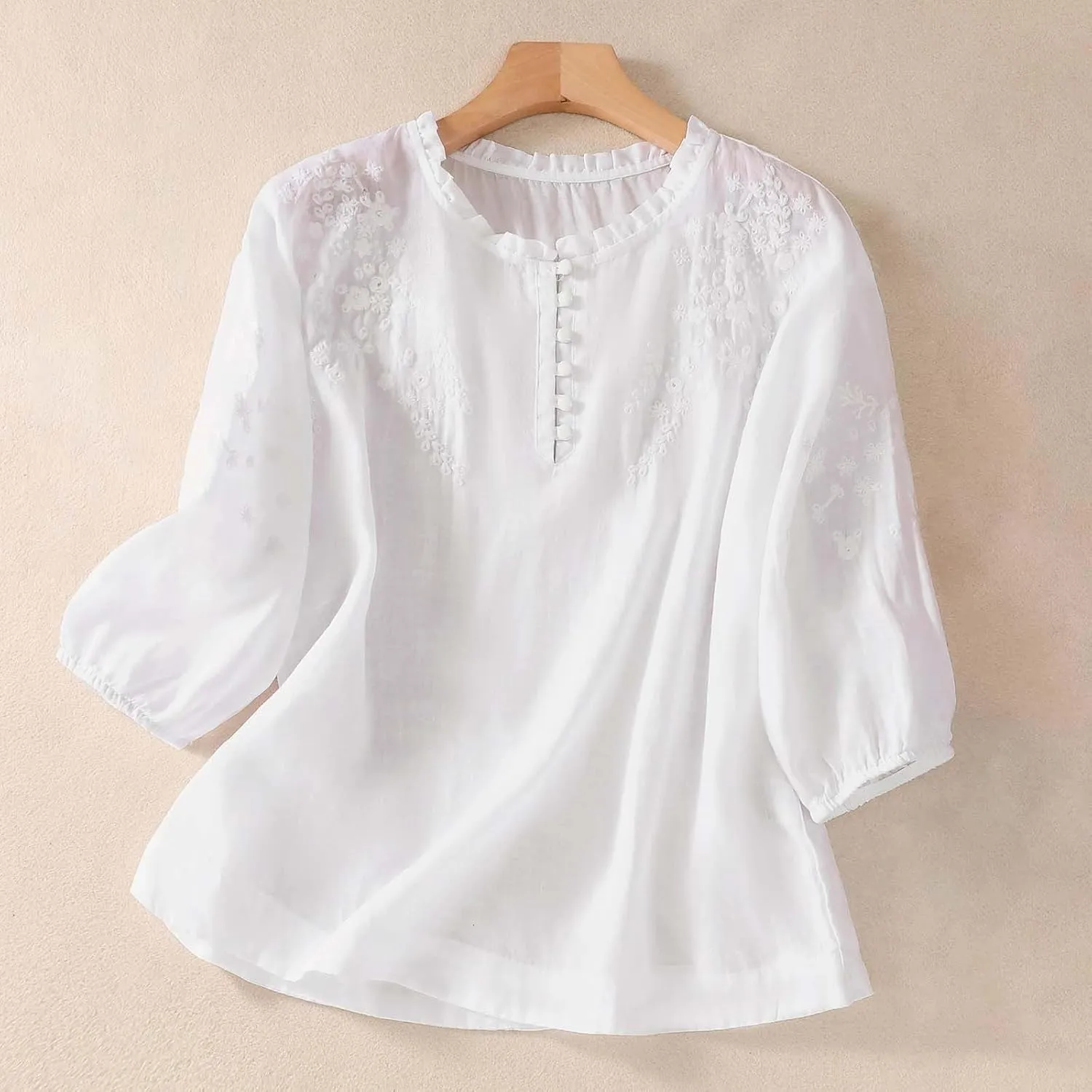 Women's Cotton Linen Floral Tops Vintage Embroidery 3/4 Sleeve Shirt Summer Lightweight Breathable Holiday Blouses