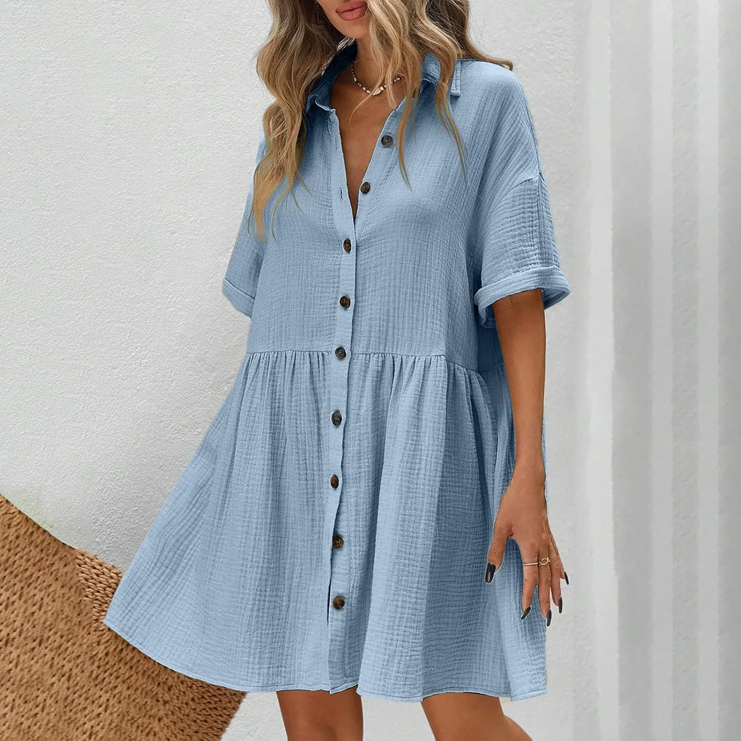 Womens Cotton Linen Short Sleeve Sundress Button Down Mini Shirt Dress 2025 Casual Babydoll Tunic Loose Beach Dresses