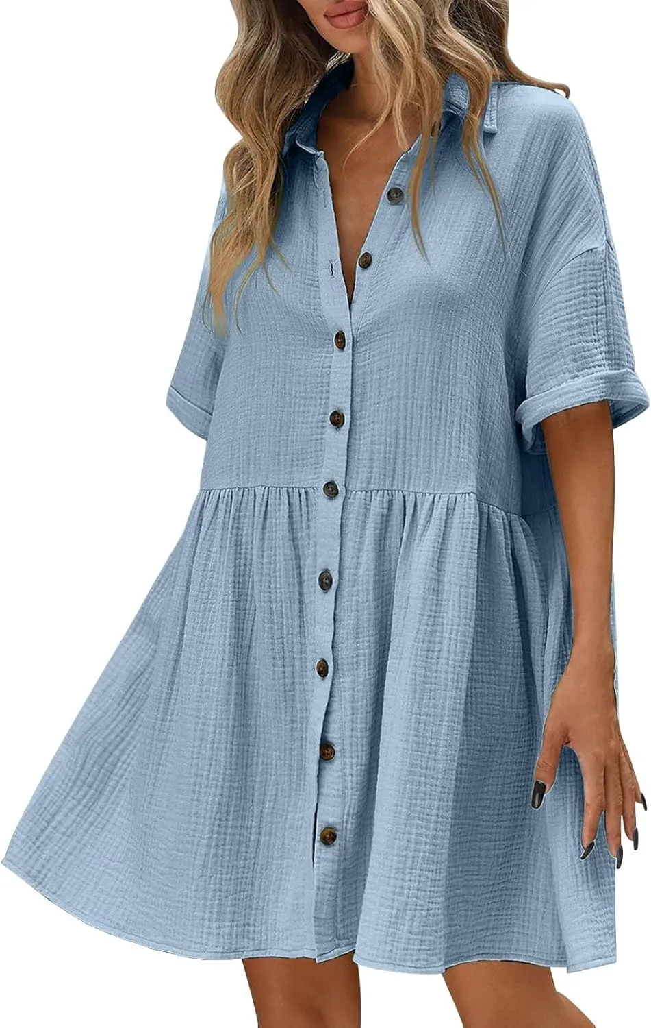 Womens Cotton Linen Short Sleeve Sundress Button Down Mini Shirt Dress 2025 Casual Babydoll Tunic Loose Beach Dresses