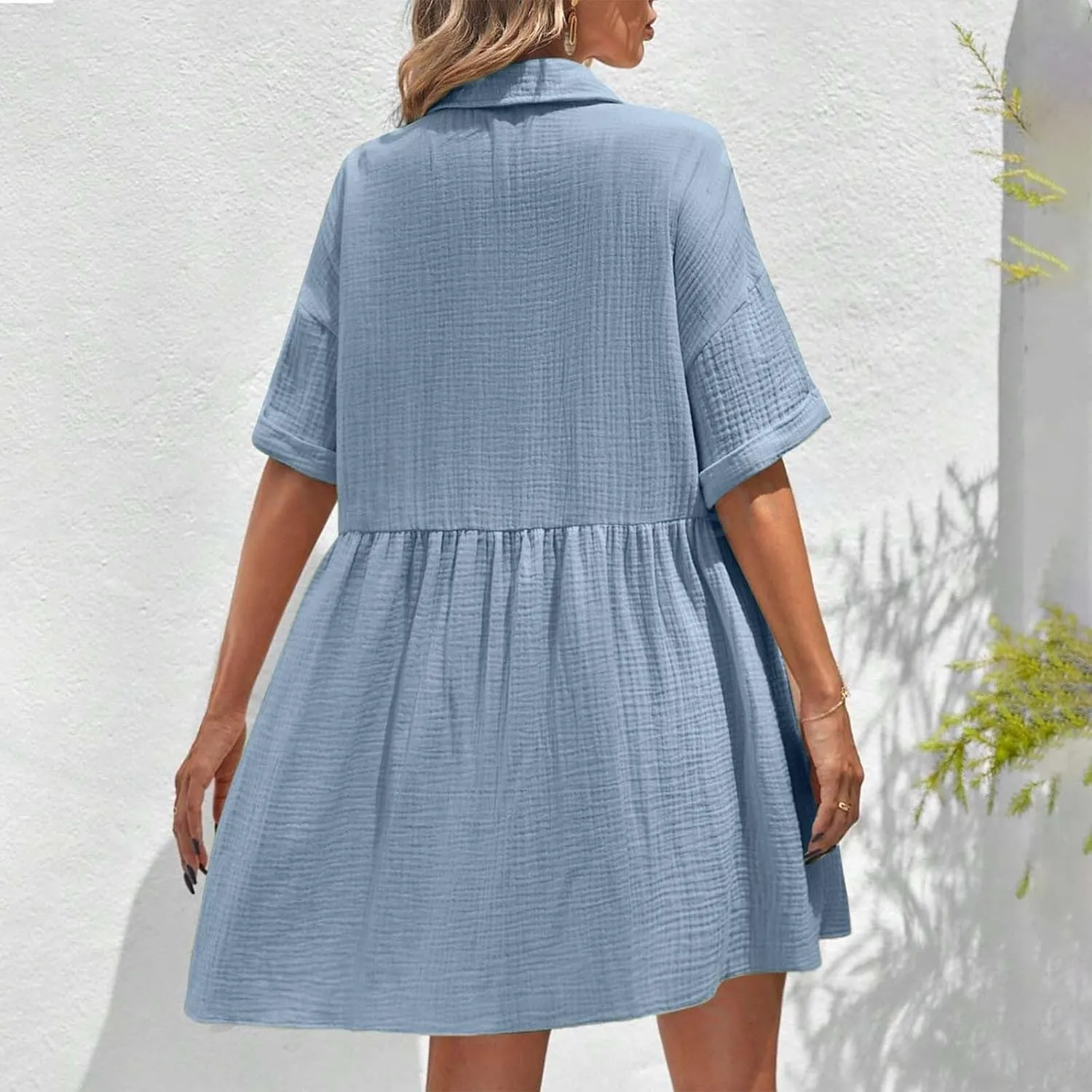 Womens Cotton Linen Short Sleeve Sundress Button Down Mini Shirt Dress 2025 Casual Babydoll Tunic Loose Beach Dresses