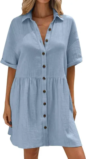 Womens Cotton Linen Short Sleeve Sundress Button Down Mini Shirt Dress 2025 Casual Babydoll Tunic Loose Beach Dresses