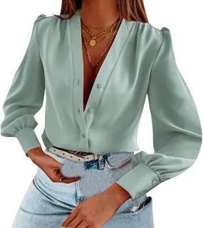 Womens Dress Shirts Summer Casual V Neck Long Sleeve Tops Lightweight Button Down Shirts Comfortable Loose Fit Blouses
