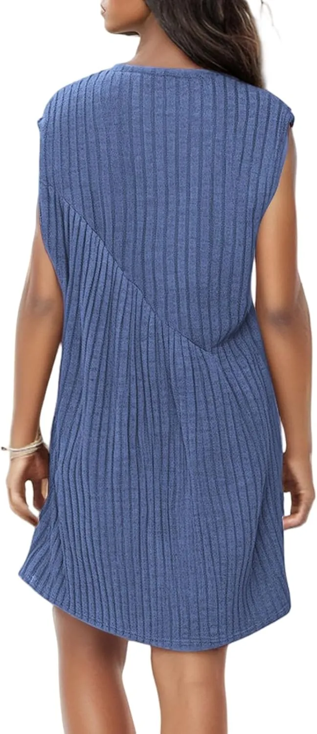 Womens Dresses Summer Casual Sleeveless Crewneck Loose Mini Dress A Line Pleated Tank Dress Ribbed Knit Dresses