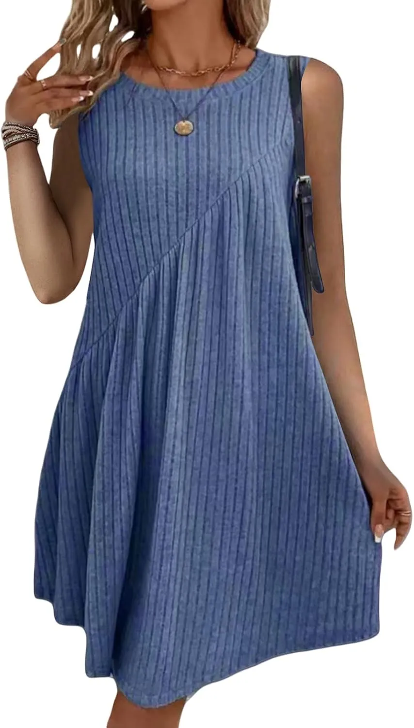 Womens Dresses Summer Casual Sleeveless Crewneck Loose Mini Dress A Line Pleated Tank Dress Ribbed Knit Dresses