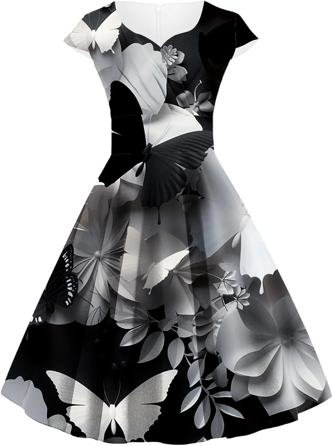 Women's Elegant Retro Floral Print Cocktail Dress Audrey Hepburn Style V Neck Cap Sleeve A-Line Swing Dress