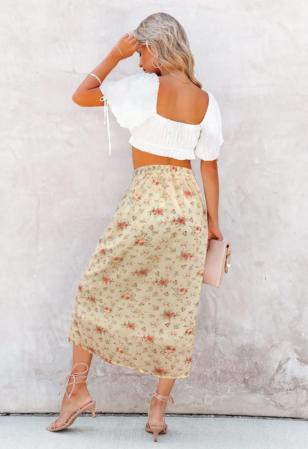 Women’s Floral Print Midi Skirt Casual High Elastic Waist Zipper Vintage Long Boho Skirts for Women