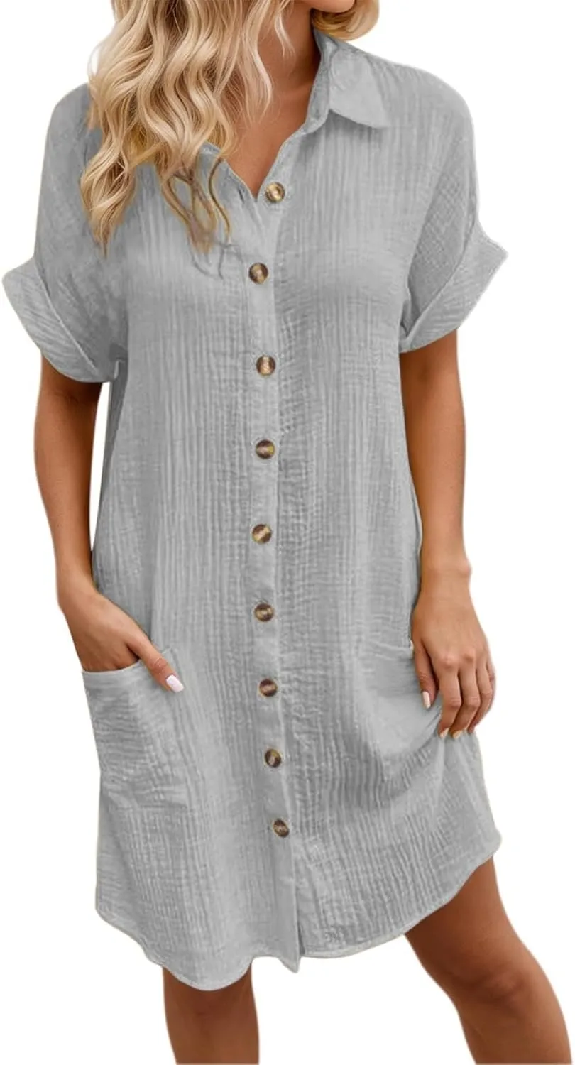 Women's Gauze Linen Midi Dresses Front Button Knee Length Short Sleeve Tank Dresses Loose Comfortable Beach Sundress