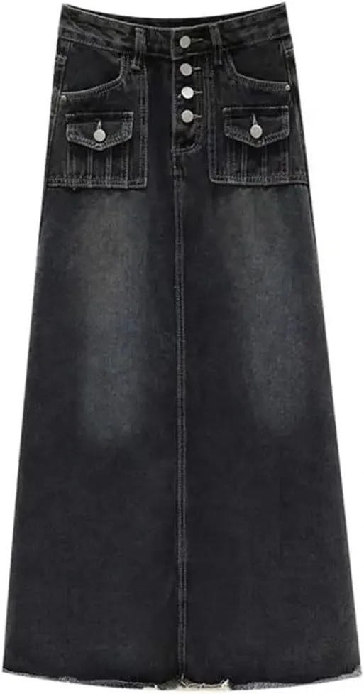 Women's High Waisted Cargo Denim Skirt Long A-Line Skirt with Raw-Edge Y2k Vintage Clothing