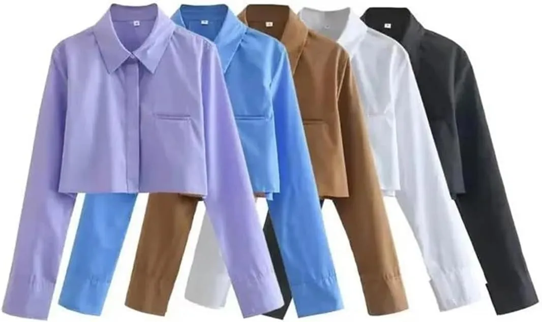 Women's Loose Cropped Shirt Vintage Lapel Long Sleeve Front Button Shirt Chic Tops