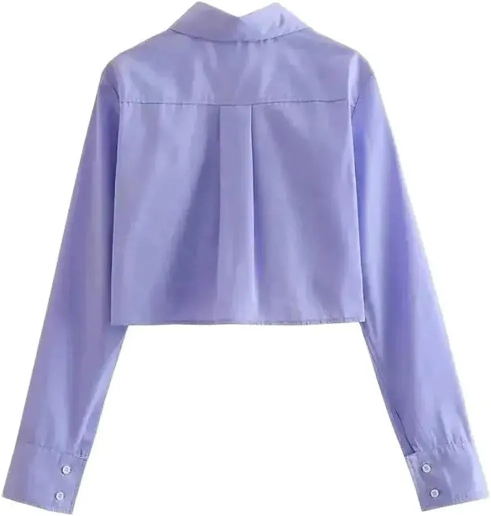 Women's Loose Cropped Shirt Vintage Lapel Long Sleeve Front Button Shirt Chic Tops