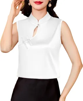 Women's Satin Blouse - Sleeveless Button-Down Summer Shirt, Breathable Evening Party Top for Wedding Guest & Casual Wear