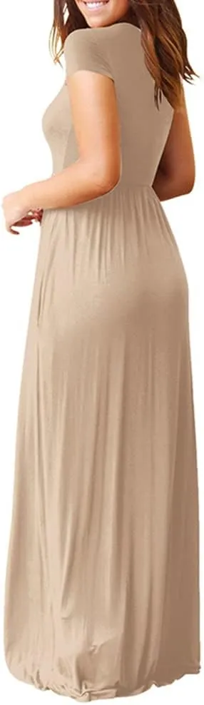 Women's Short Sleeve Split Maxi Dress Crewneck Tshirt Casual Plain Long Dresses Beach Basic Vacation Dresses Pockets