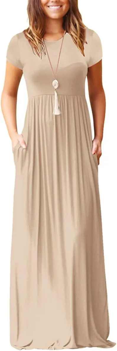 Women's Short Sleeve Split Maxi Dress Crewneck Tshirt Casual Plain Long Dresses Beach Basic Vacation Dresses Pockets