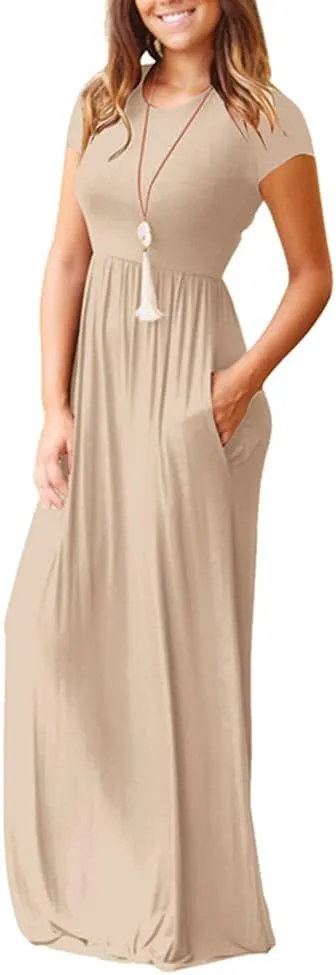 Women's Short Sleeve Split Maxi Dress Crewneck Tshirt Casual Plain Long Dresses Beach Basic Vacation Dresses Pockets