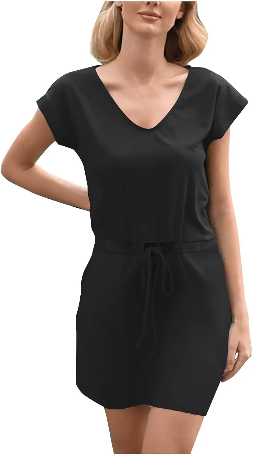 Women's Short Sleeve V-Neck Sundress Simple Solid Color Vacation Short Dresses Comfortable Casual Outfit