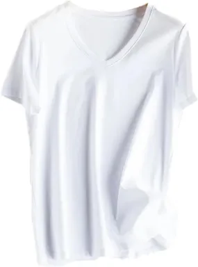 Women's Silk Cotton T Shirt Women T-Shirt Loose V Neck Slim Short Sleeve Top Casual Shirts