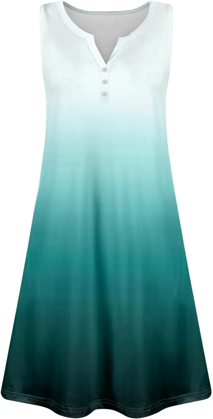 Women's Sleeveless Gradient Sundress with Pockets, Casual Summer Beach Dress, Button-Front, Lightweight and Comfortable