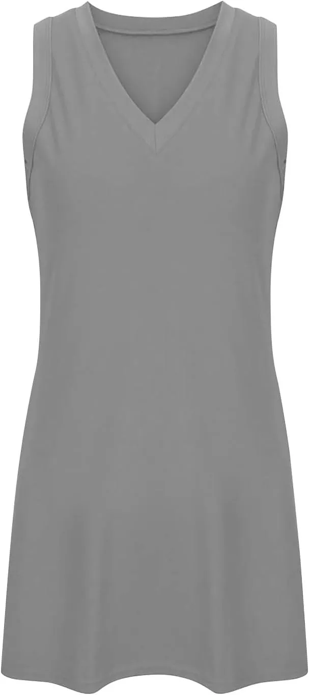 Womens Sleeveless V-Neck Sundress Simple Solid Color Vacation Short Dresses Comfortable Summer Outfit