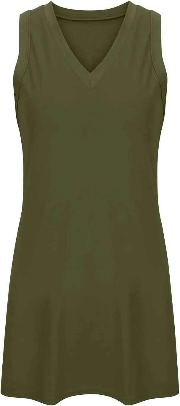 Womens Sleeveless V-Neck Sundress Simple Solid Color Vacation Short Dresses Comfortable Summer Outfit