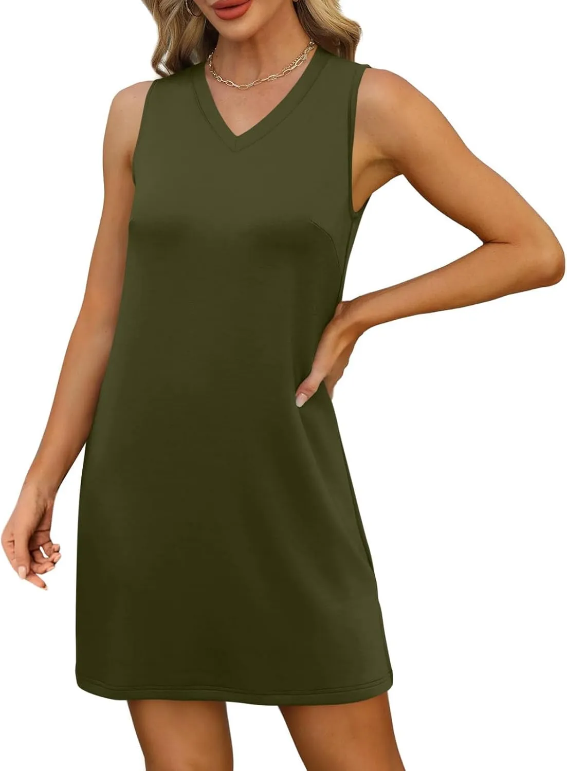 Womens Sleeveless V-Neck Sundress Simple Solid Color Vacation Short Dresses Comfortable Summer Outfit