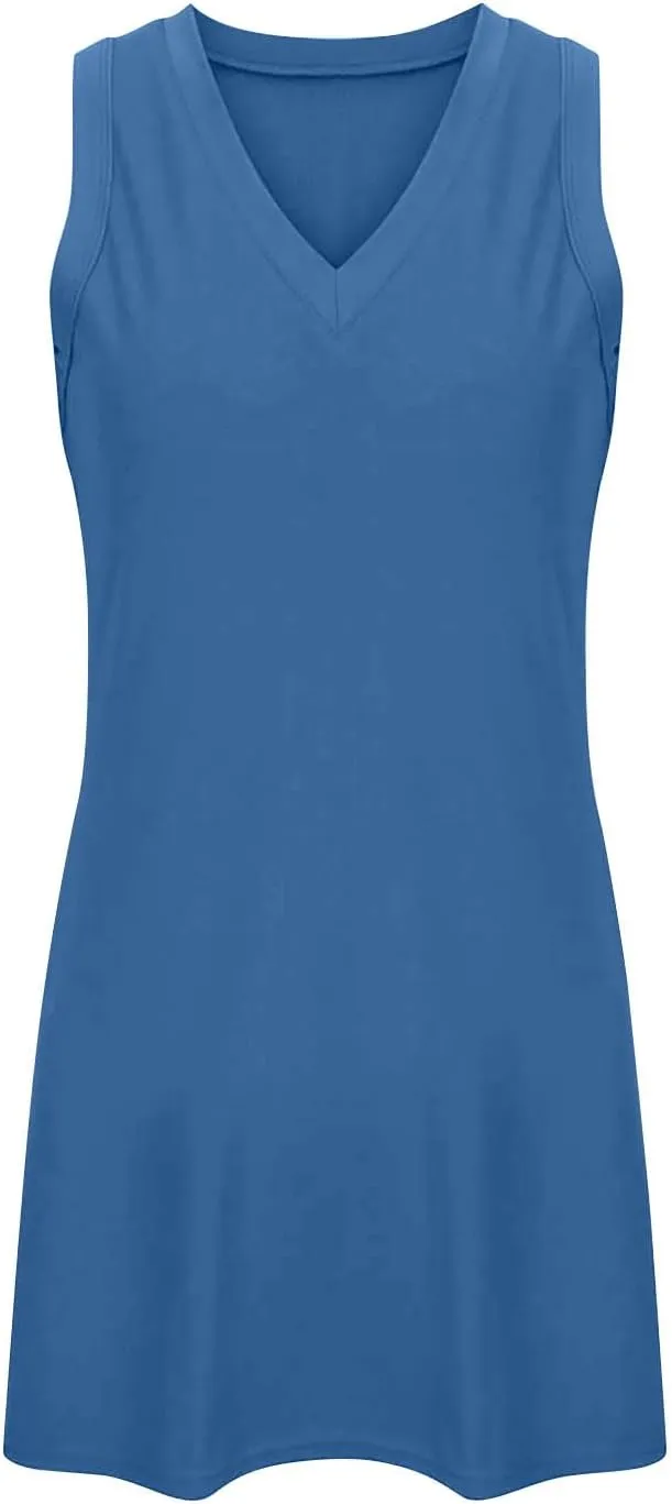 Womens Sleeveless V-Neck Sundress Simple Solid Color Vacation Short Dresses Comfortable Summer Outfit