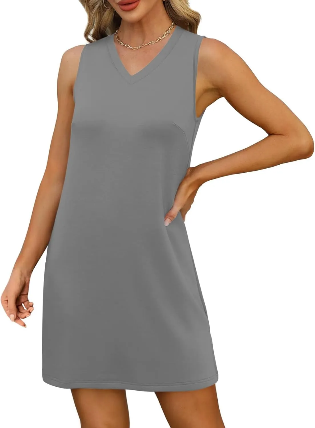 Womens Sleeveless V-Neck Sundress Simple Solid Color Vacation Short Dresses Comfortable Summer Outfit