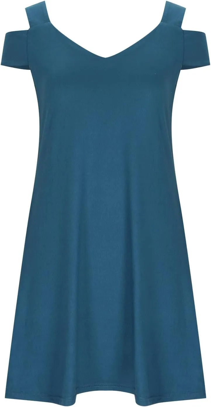 Womens Summer Casual Sun Dress Cold Shoulder Simple Solid Color Beach Dress Loose Fit Fashion Dresses