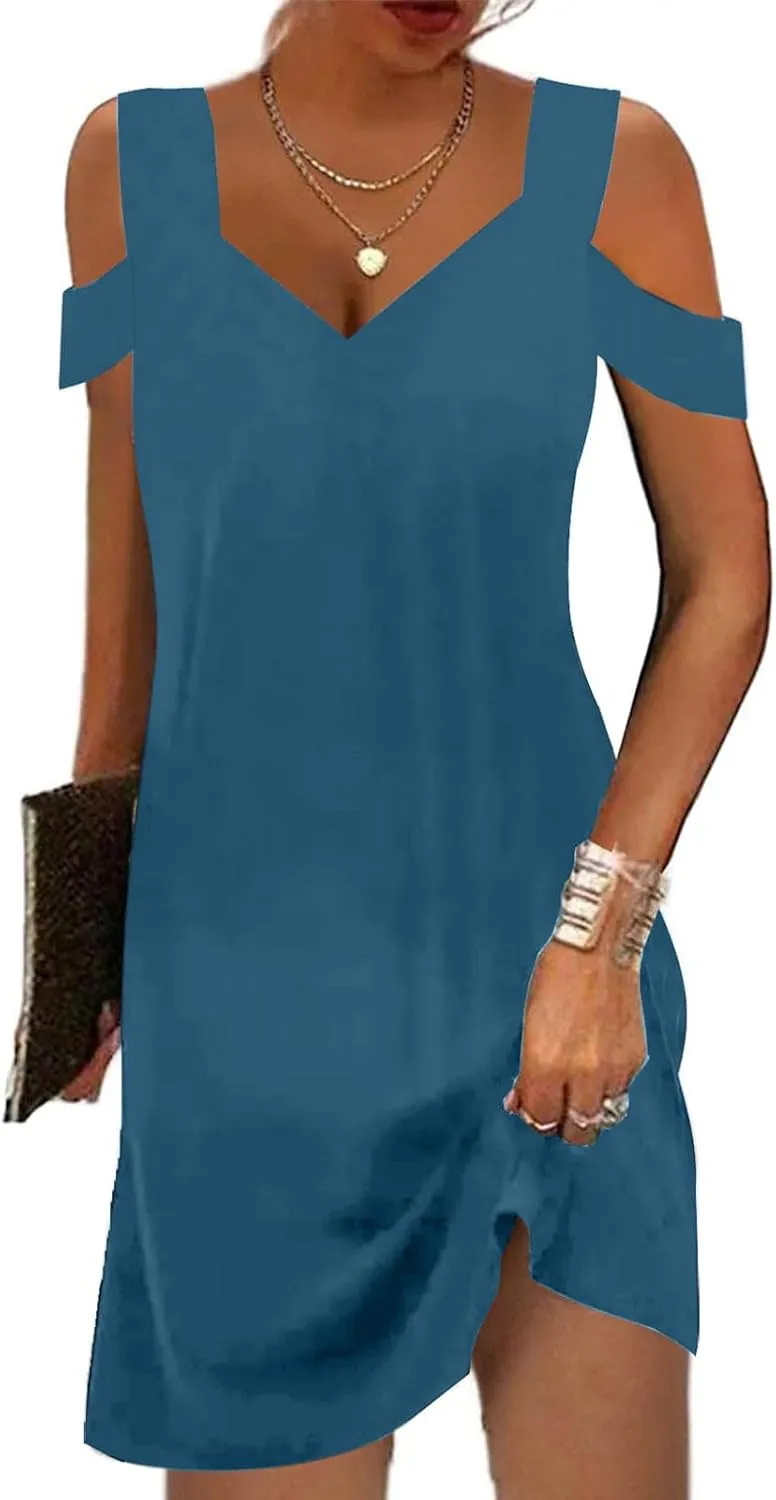 Womens Summer Casual Sun Dress Cold Shoulder Simple Solid Color Beach Dress Loose Fit Fashion Dresses