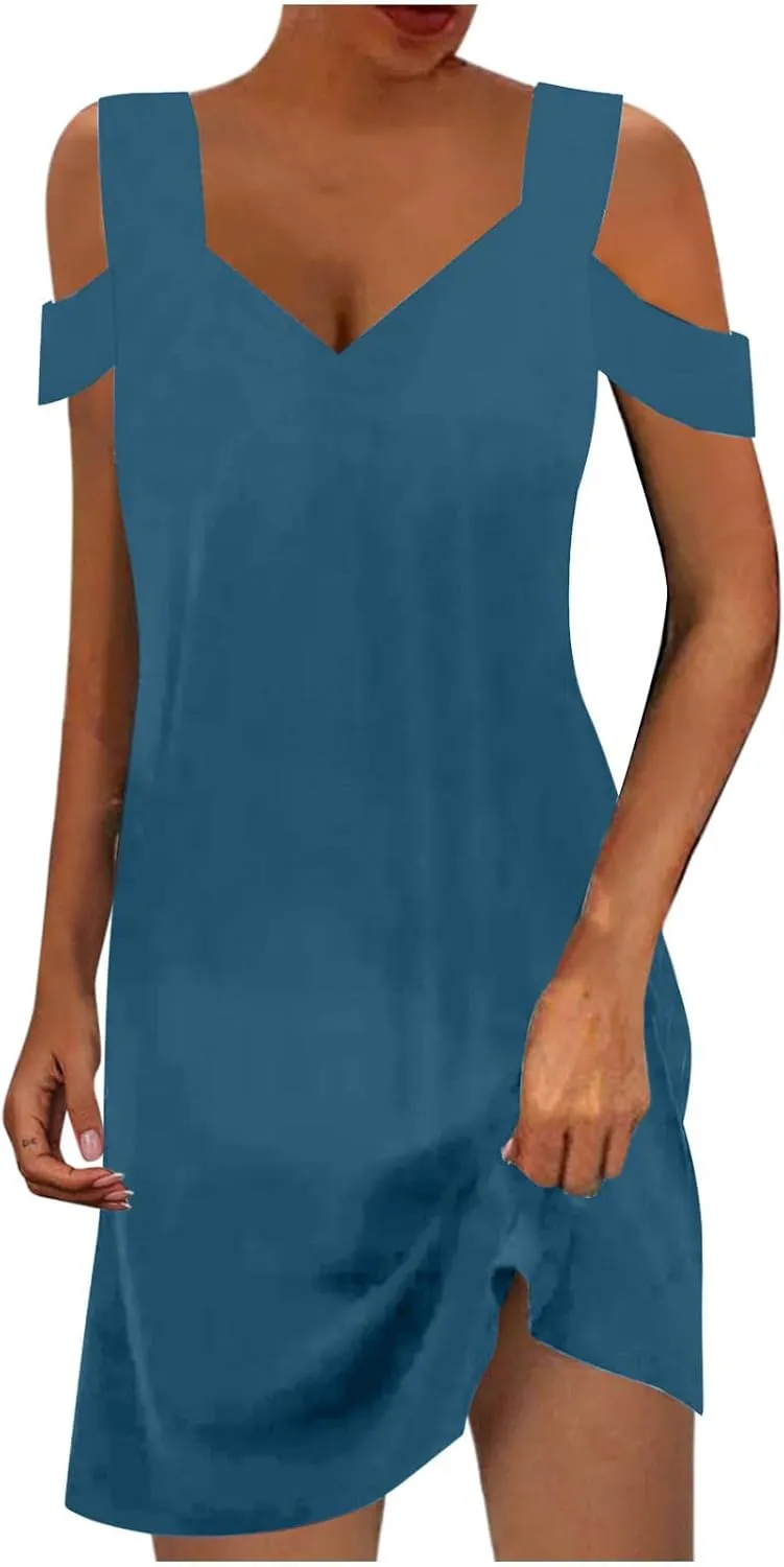 Womens Summer Casual Sun Dress Cold Shoulder Simple Solid Color Beach Dress Loose Fit Fashion Dresses