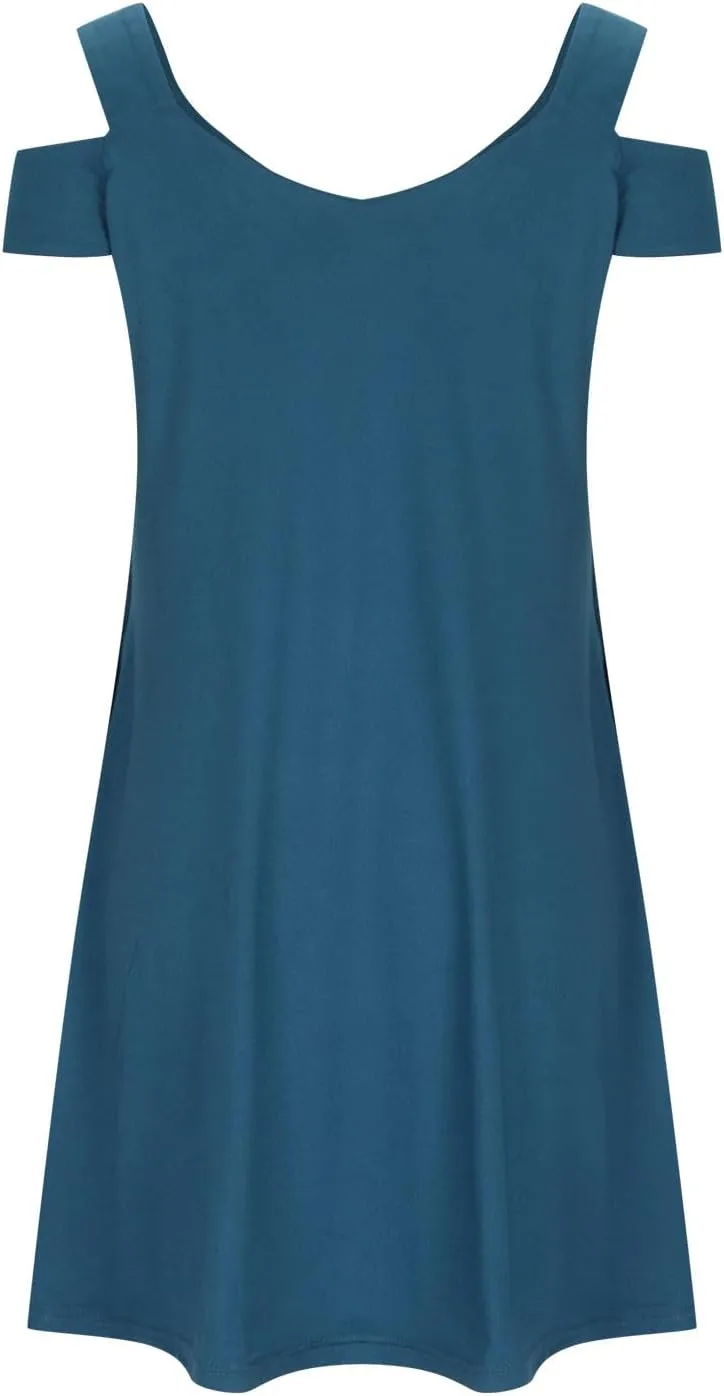 Womens Summer Casual Sun Dress Cold Shoulder Simple Solid Color Beach Dress Loose Fit Fashion Dresses