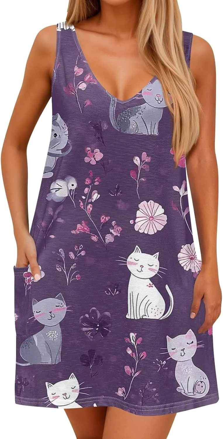 Womens Summer Dresses Beach V Neck Swimsuit Coverup Vacation Casual Dress with Pocket 2025 Printed Sundress