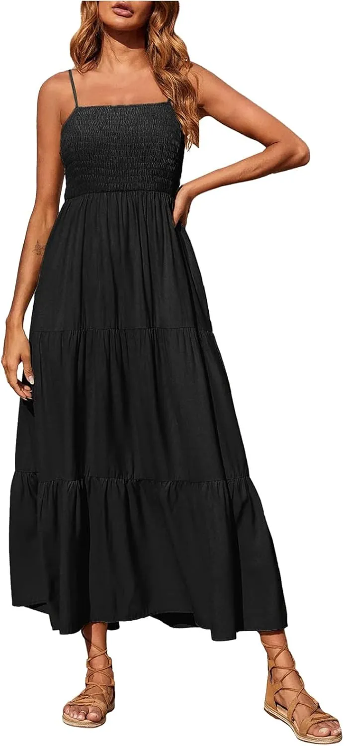 Womens Summer Maxi Dress Spaghetti Strap Smocked Sundress Flowy Tiered Beach Dresses Boho Long Dress Cruise Outfits