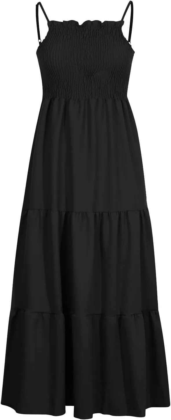 Womens Summer Maxi Dress Spaghetti Strap Smocked Sundress Flowy Tiered Beach Dresses Boho Long Dress Cruise Outfits