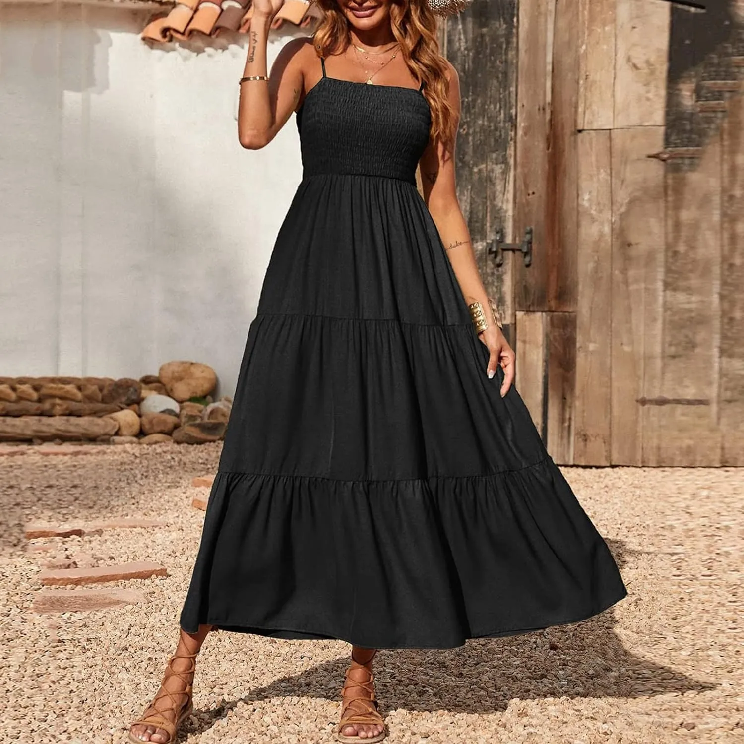 Womens Summer Maxi Dress Spaghetti Strap Smocked Sundress Flowy Tiered Beach Dresses Boho Long Dress Cruise Outfits